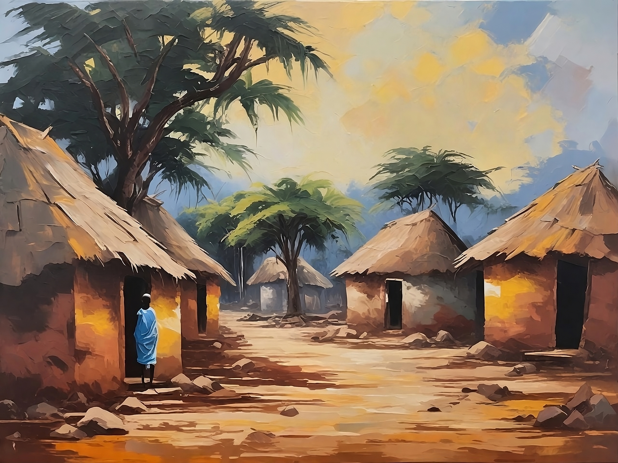 tranquil african village with a single person framed by, oil painting, 5x4 / Visual Electric